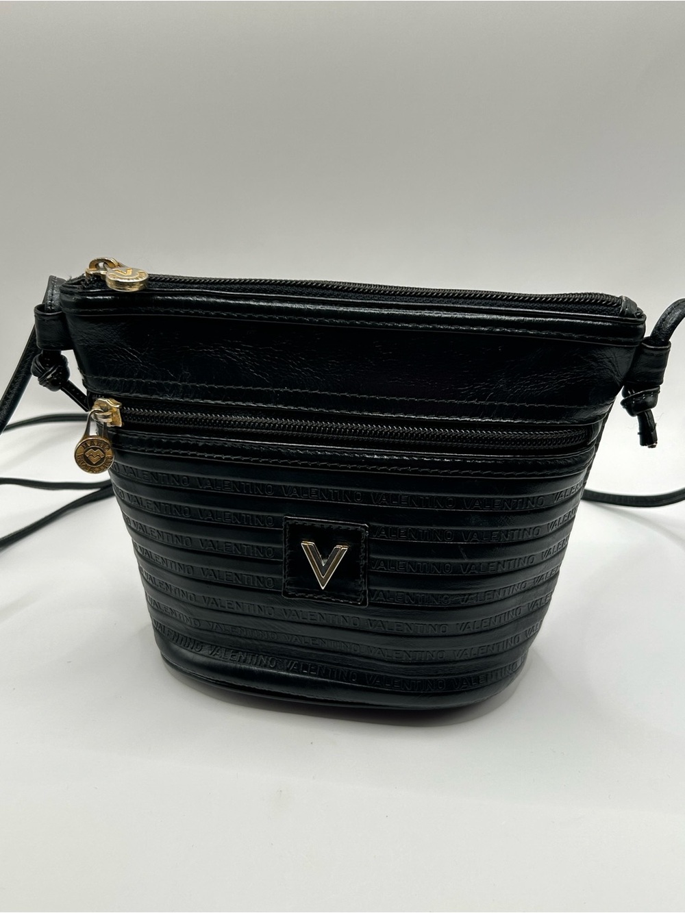 Mario Valentino Vintage Black Crossbody with Gold V Emblem